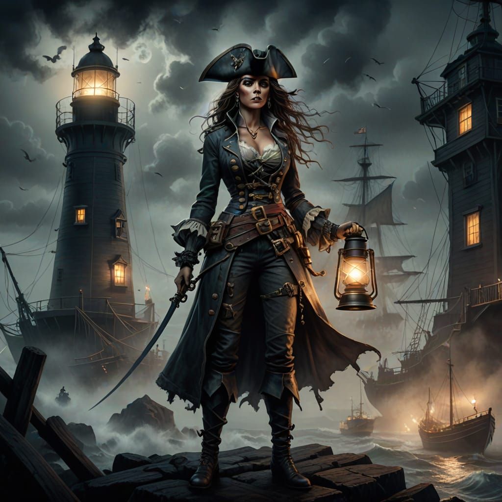 A grayscale, gritty, illustration of a female pirate figure, holding a lantern and a dagger, standing amidst a foggy, at...