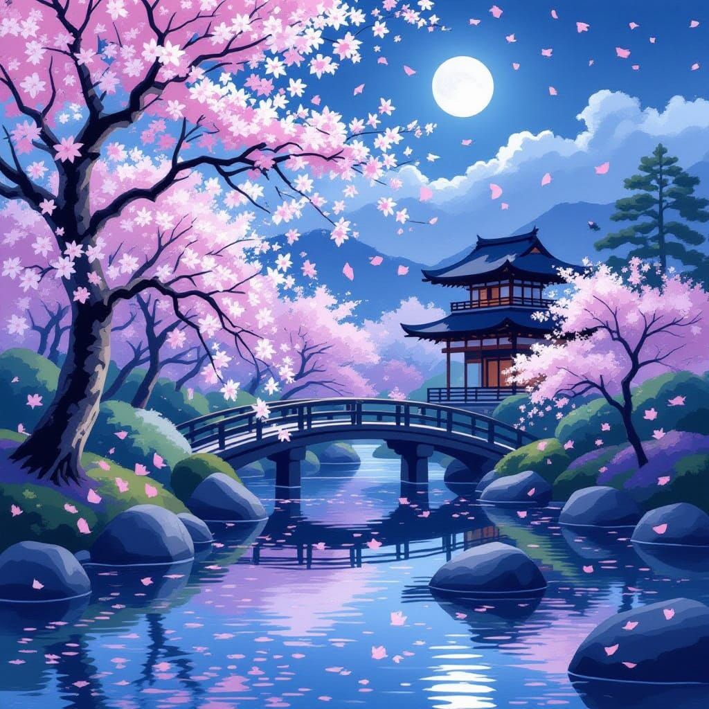 Surreal Cherry Blossom Garden in Soft Moonlight