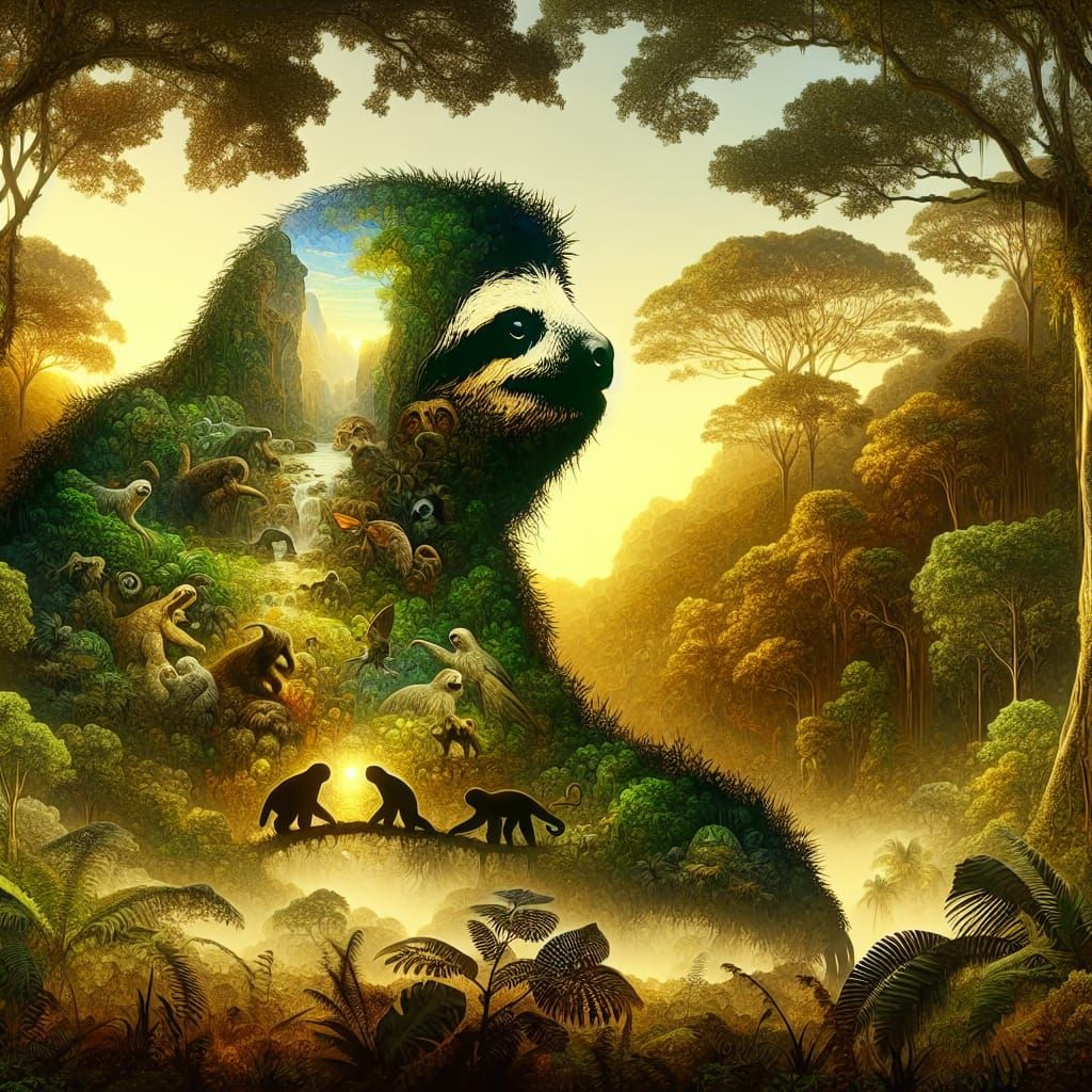 Rainforest Sloth Silhouette Filled with Creatures