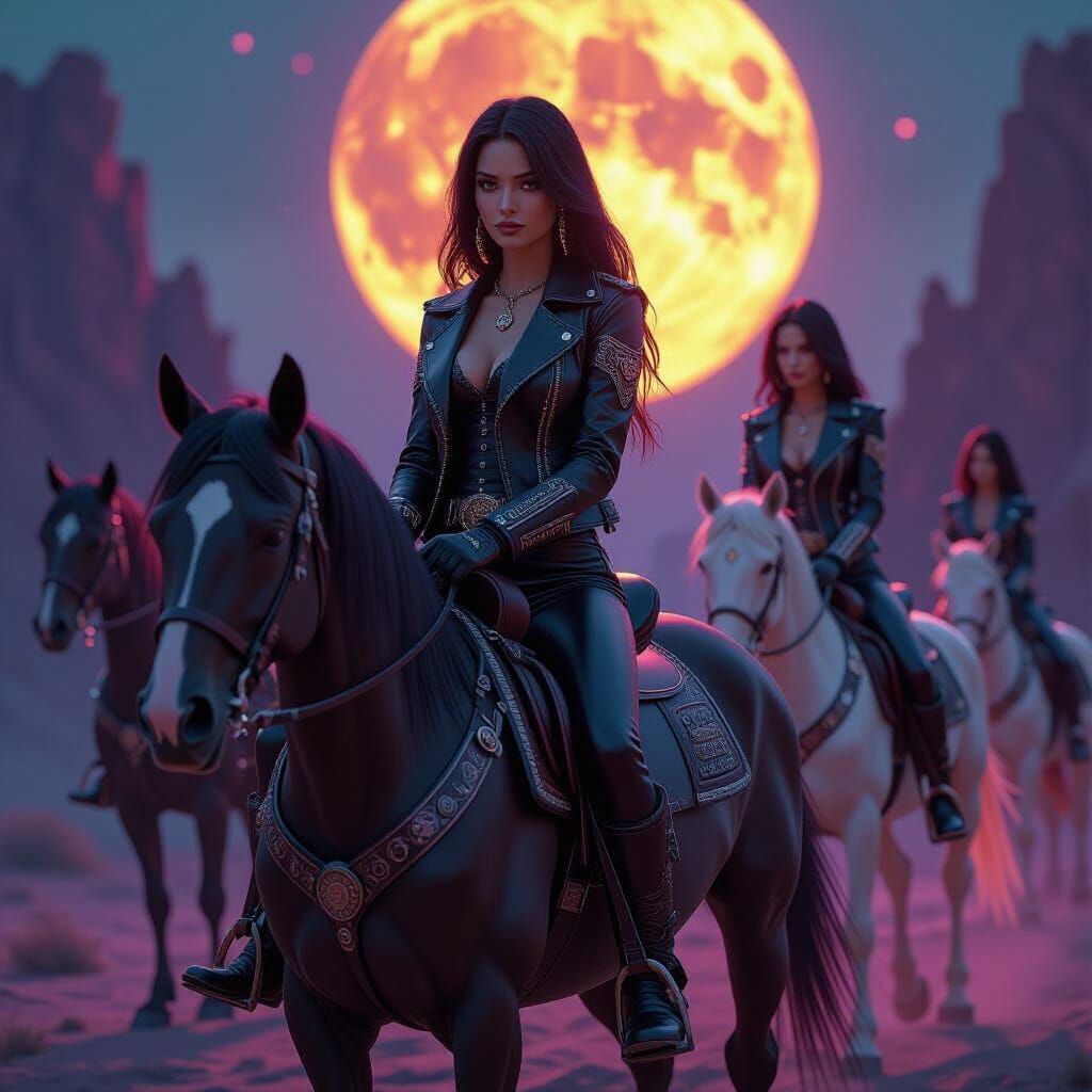 Space Cowgirls on Futuristic Horses in Dark Fantasy