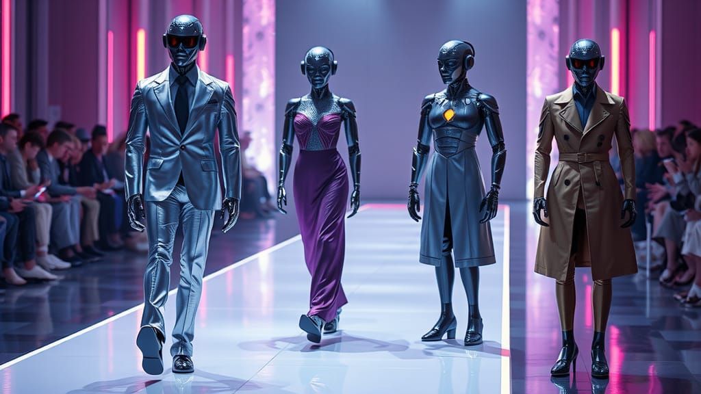 Futuristic Runway with Robot Models in High Fashion