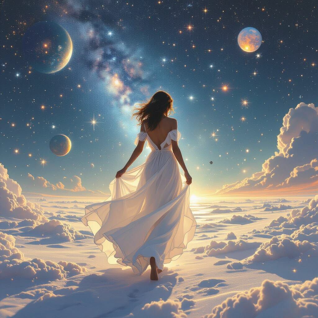 Ethereal Woman Steps into Starry Expanse