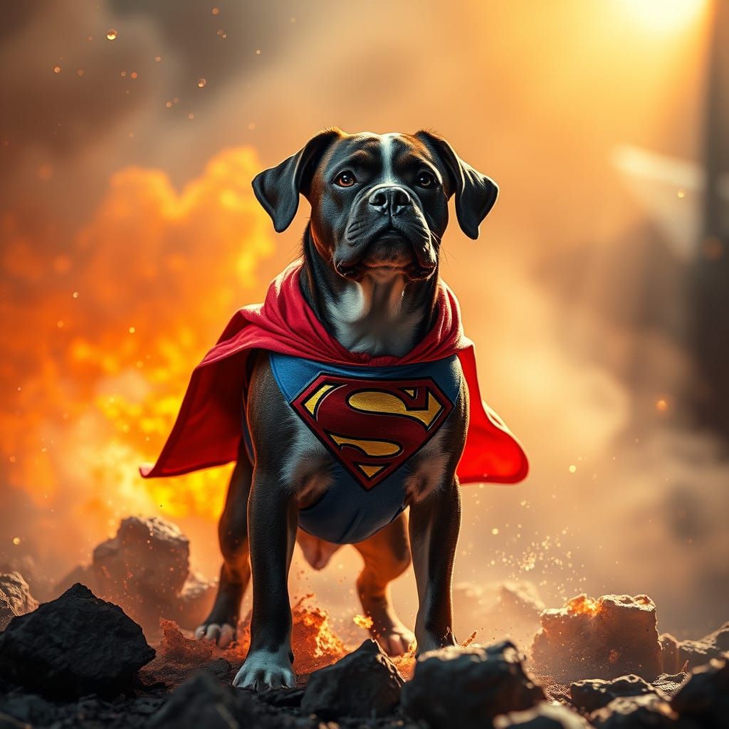 Fantasy Dog in Superman Costume Amidst Fiery Orange Light