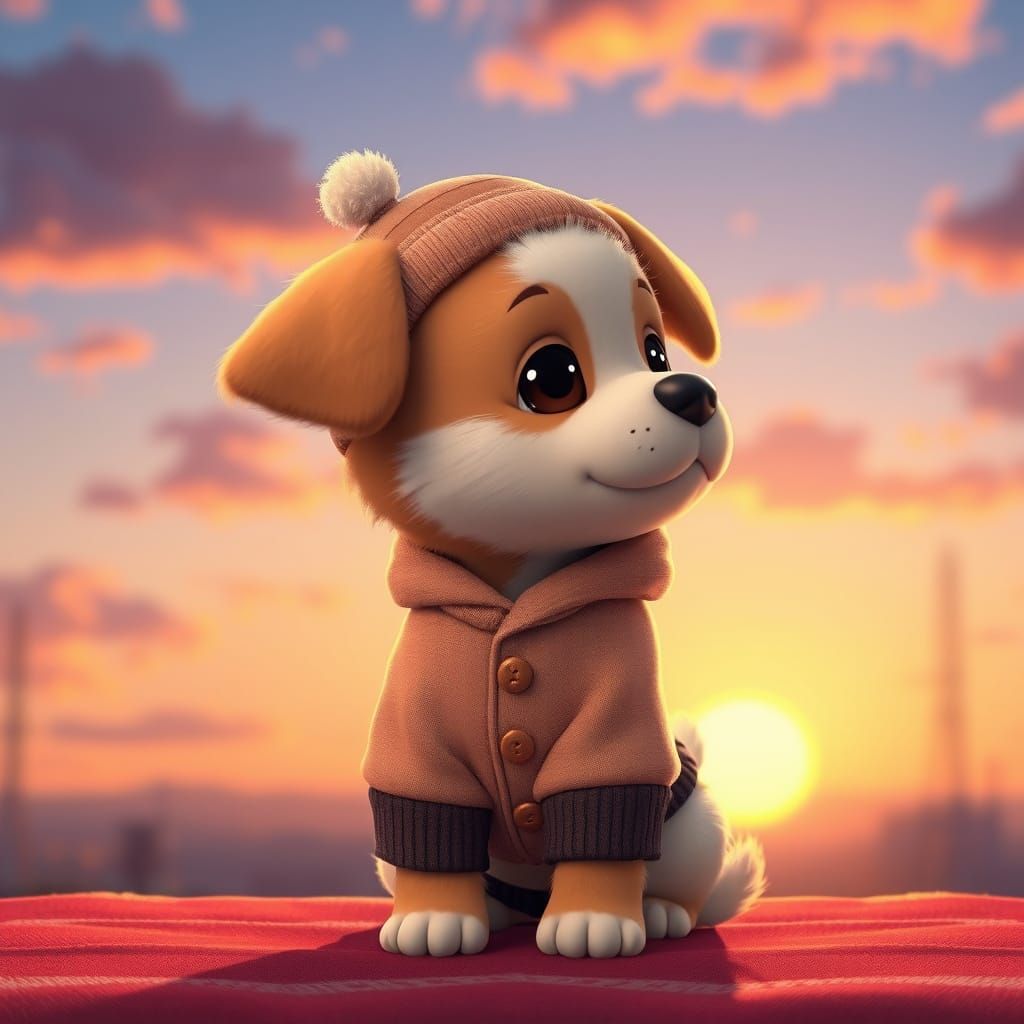 Puppy Watching Sunset in Anime Style