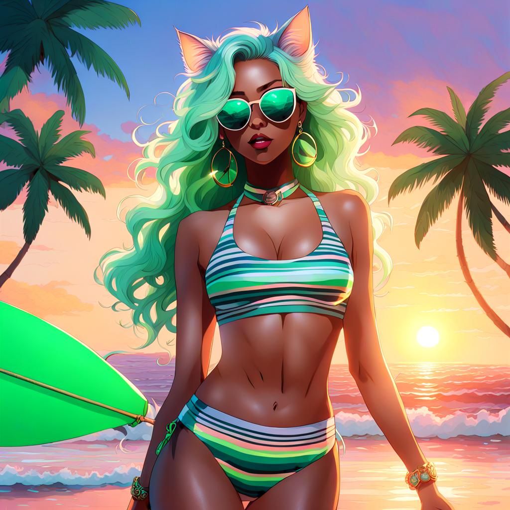 Anime Neko Girl with Green Hair in Borderlands Style