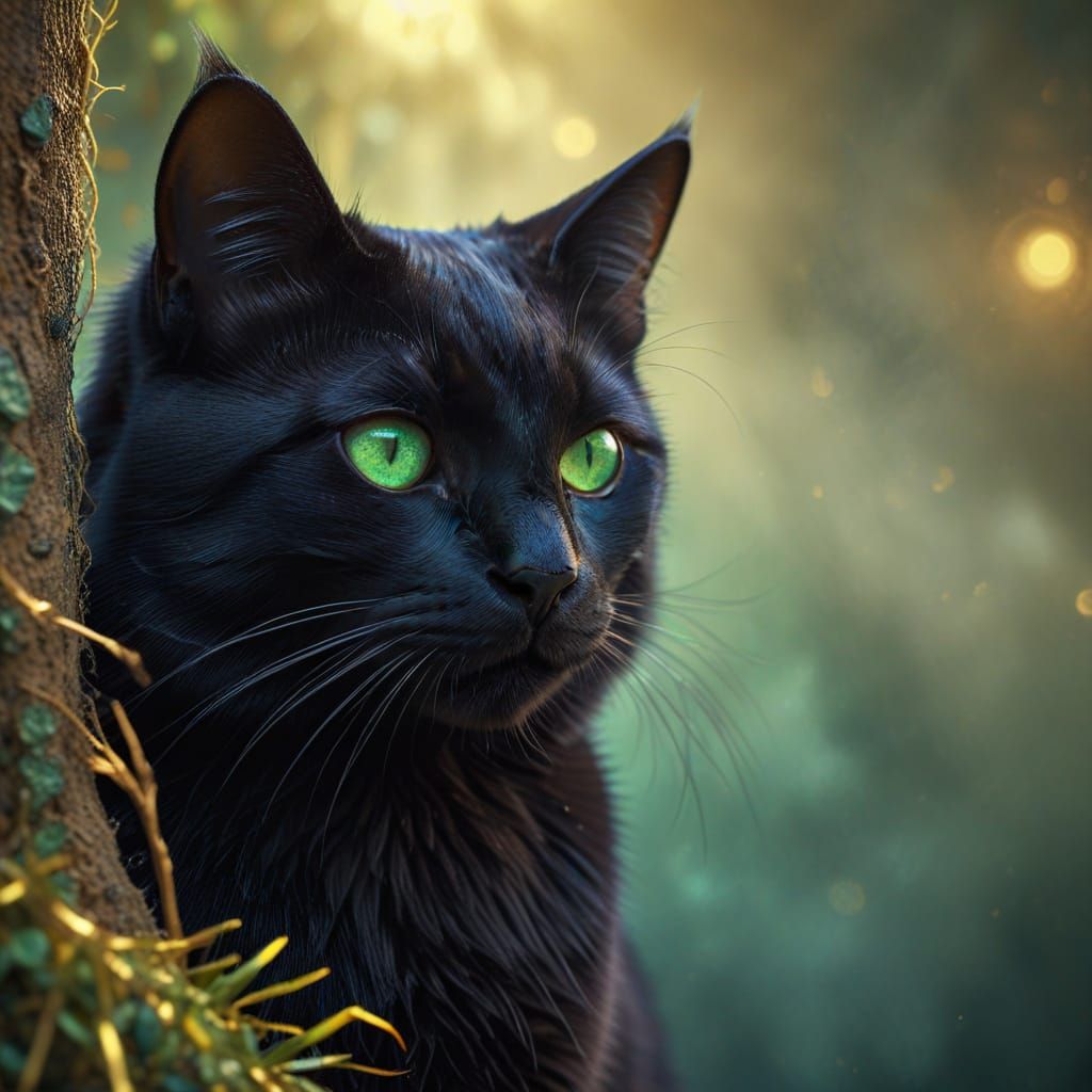 Black Cat with Emerald Eyes: Vivid Digital Art
