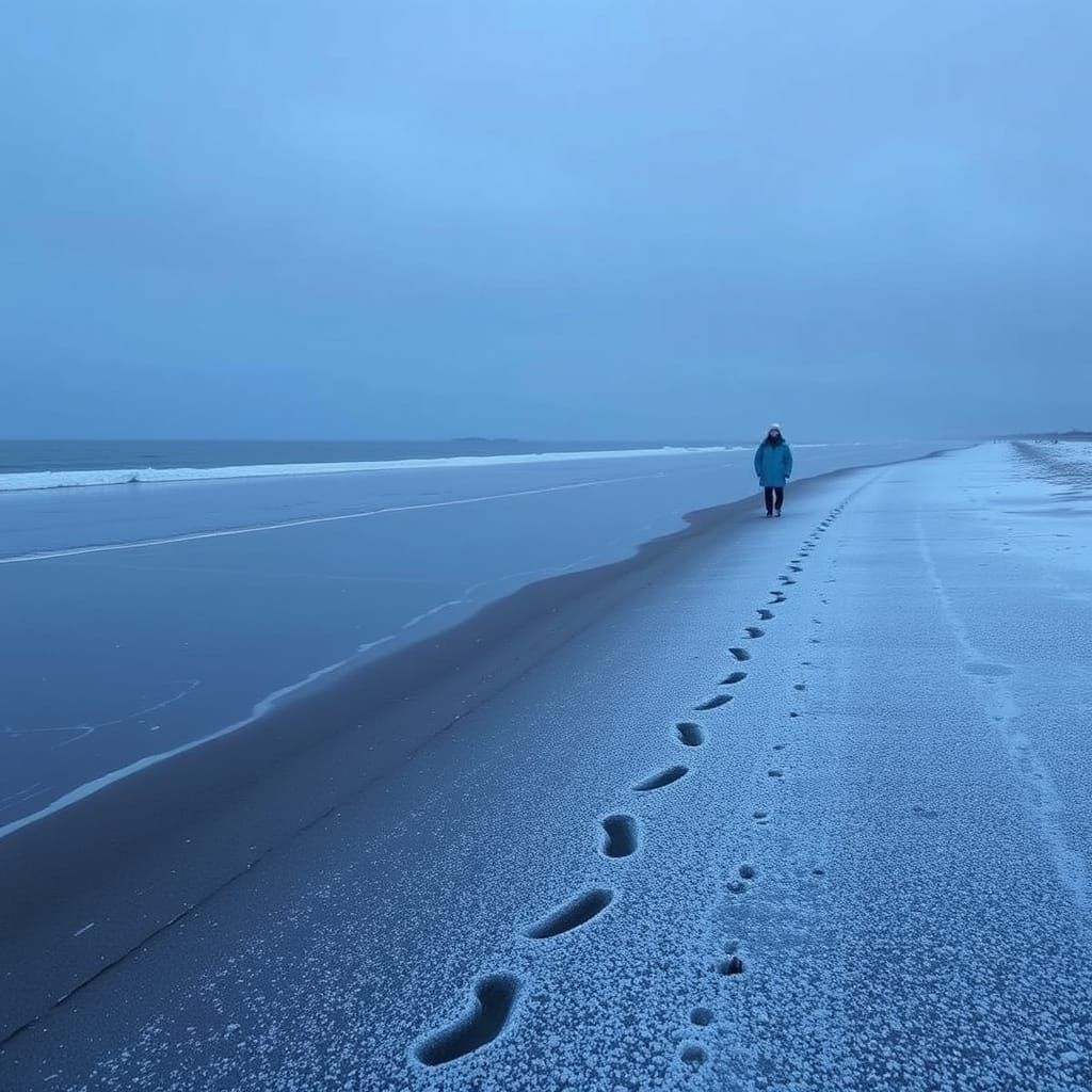 Serene Winter Beach Scene at Twilight in Minimalist Style