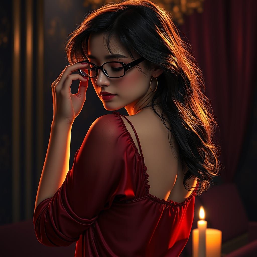 Woman in Red Nightgown with Candlelight, Fantasy Concept Art