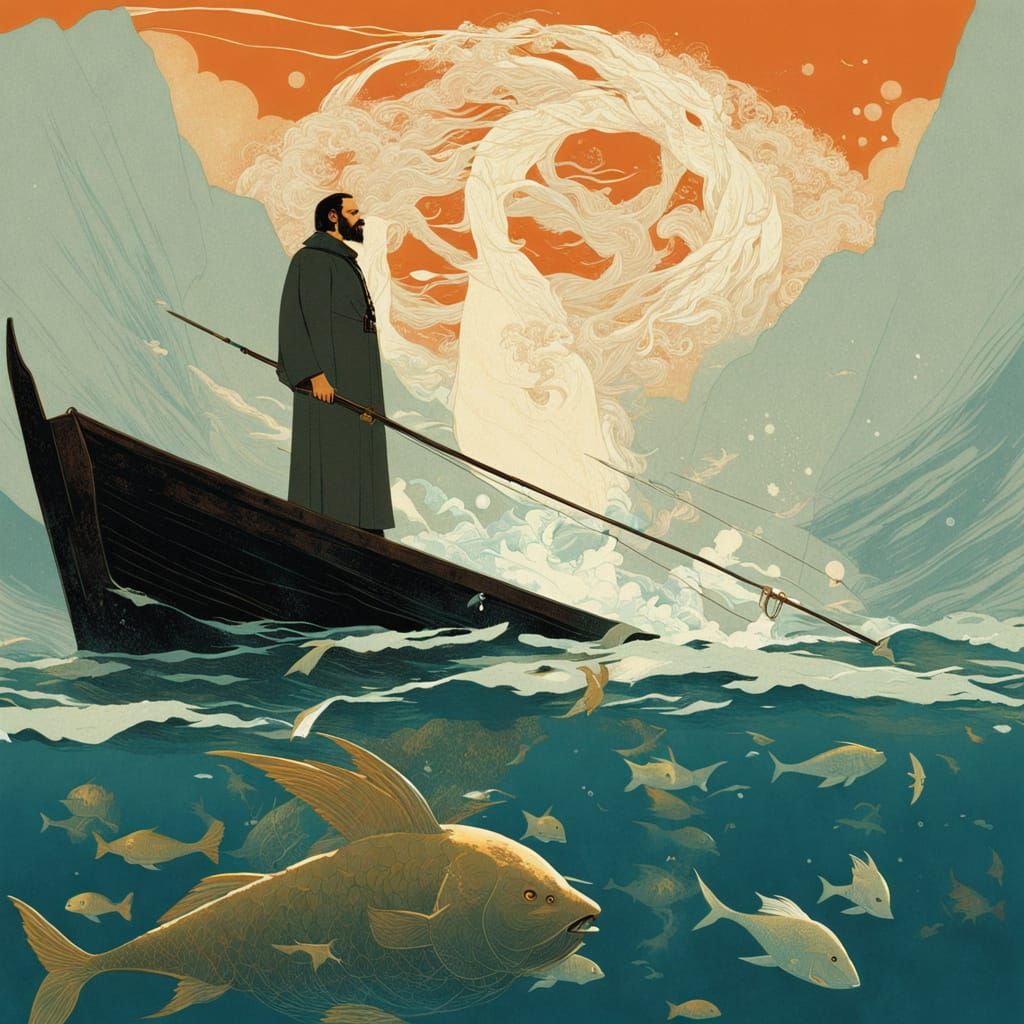 Ancient God's Head Pulled From Sea in Artistic Illustration