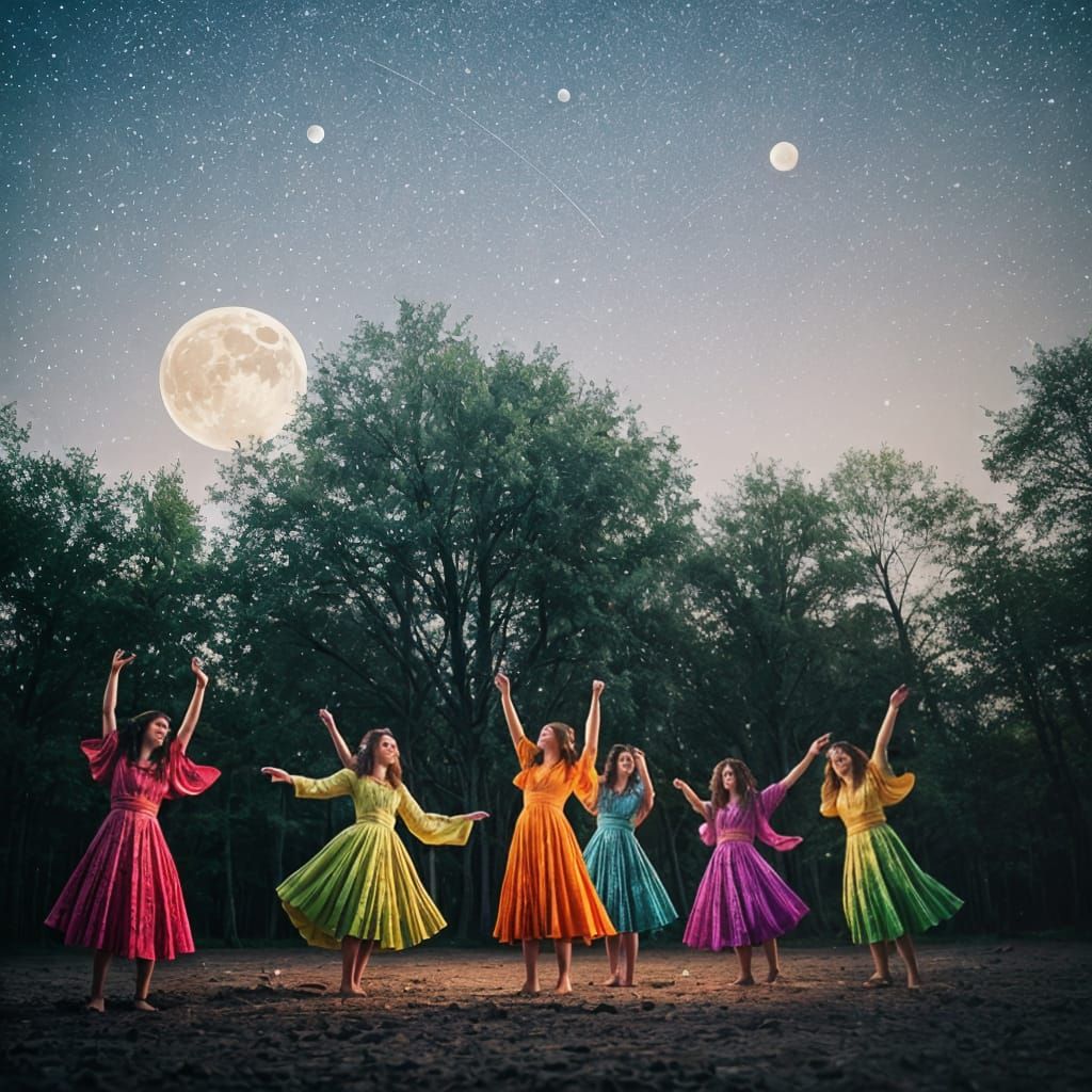 Colorful Hippie Girls Dancing Under the Moon