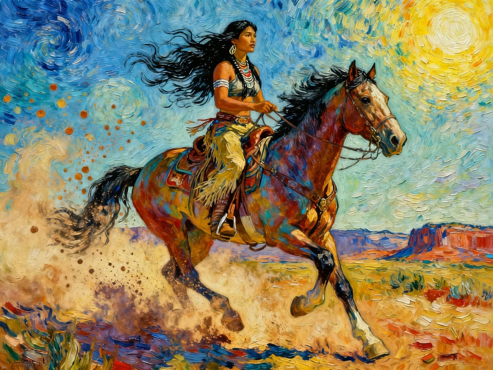 Indigenous Woman Rides Horse Through Vivid Vista