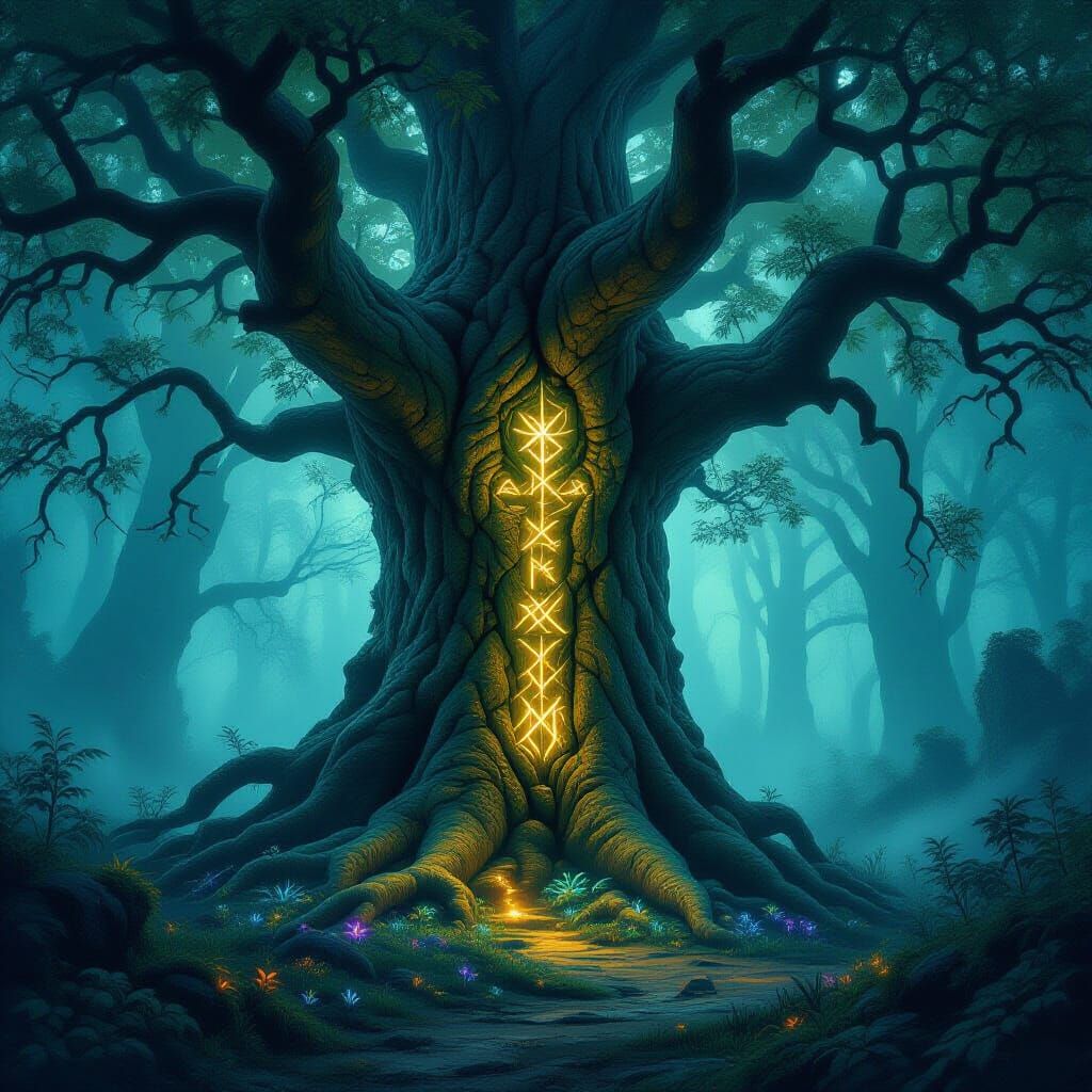 Ancient Tree With Glowing Runes In Misty Forest