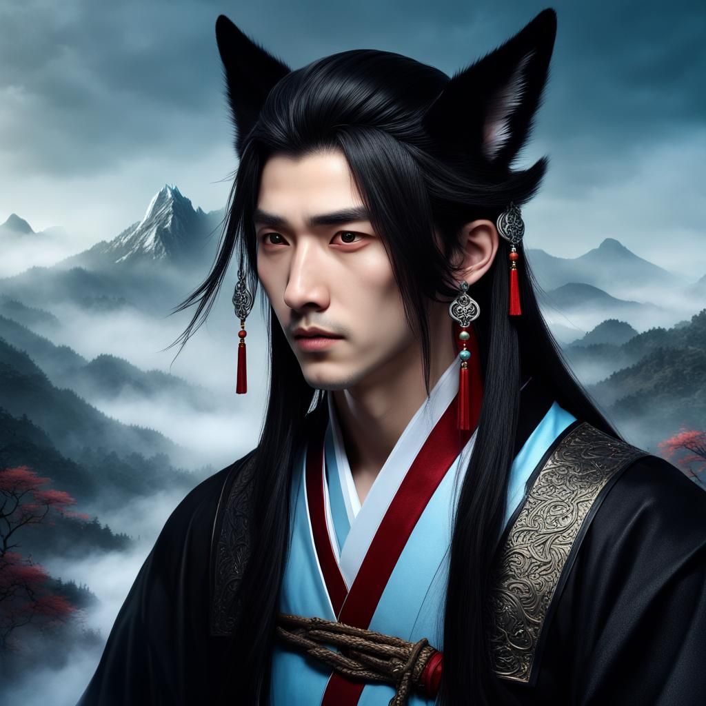 Handsome Fox-Eared Man in Dark Fantasy Landscape