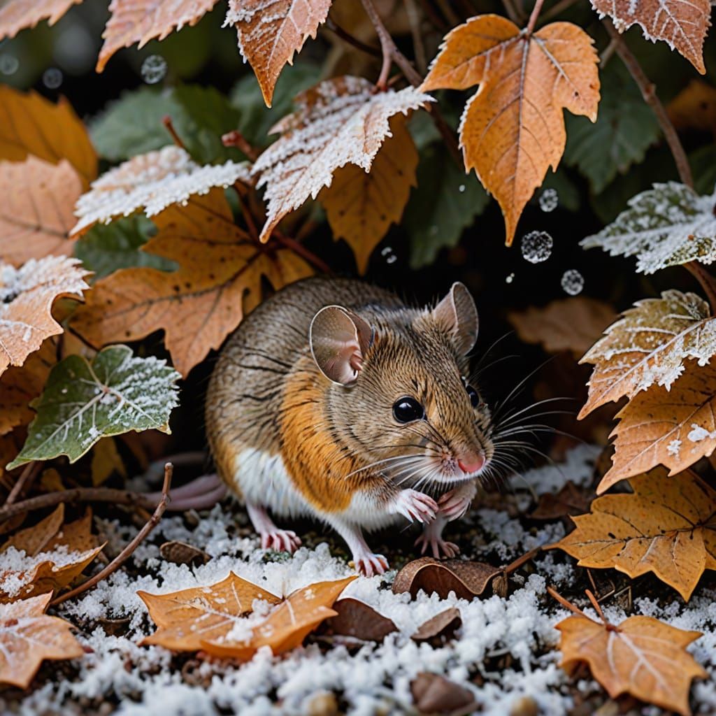 Mouse Sheltering Under Autumn Leaves in Winter