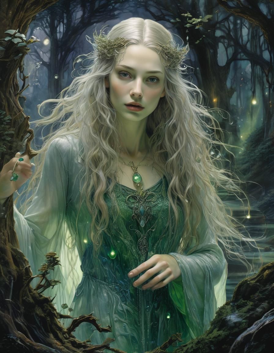 Galadriel as Forest Witch Stirring Cauldron