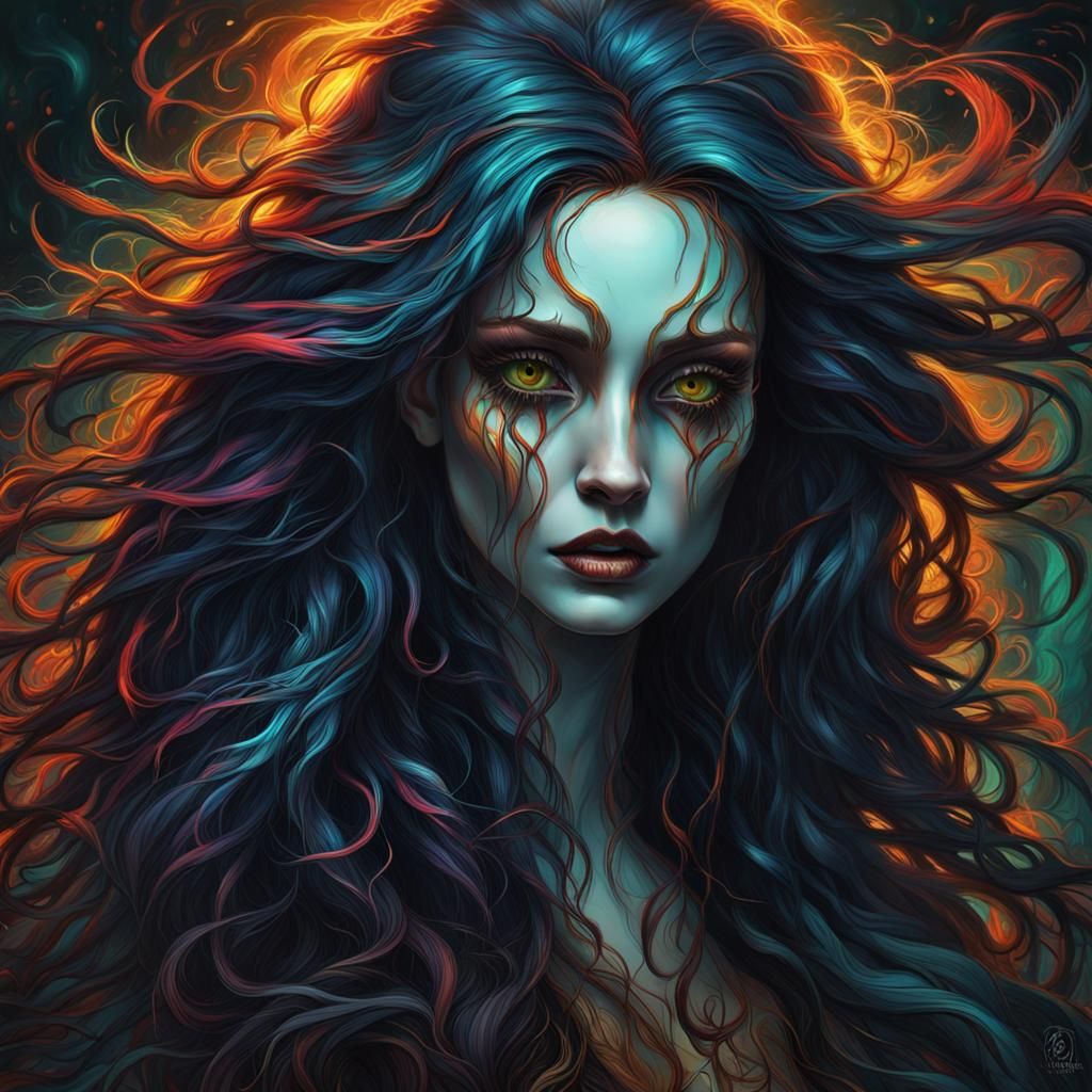 Vibrant Dark Haired Woman in Mixed Media Art