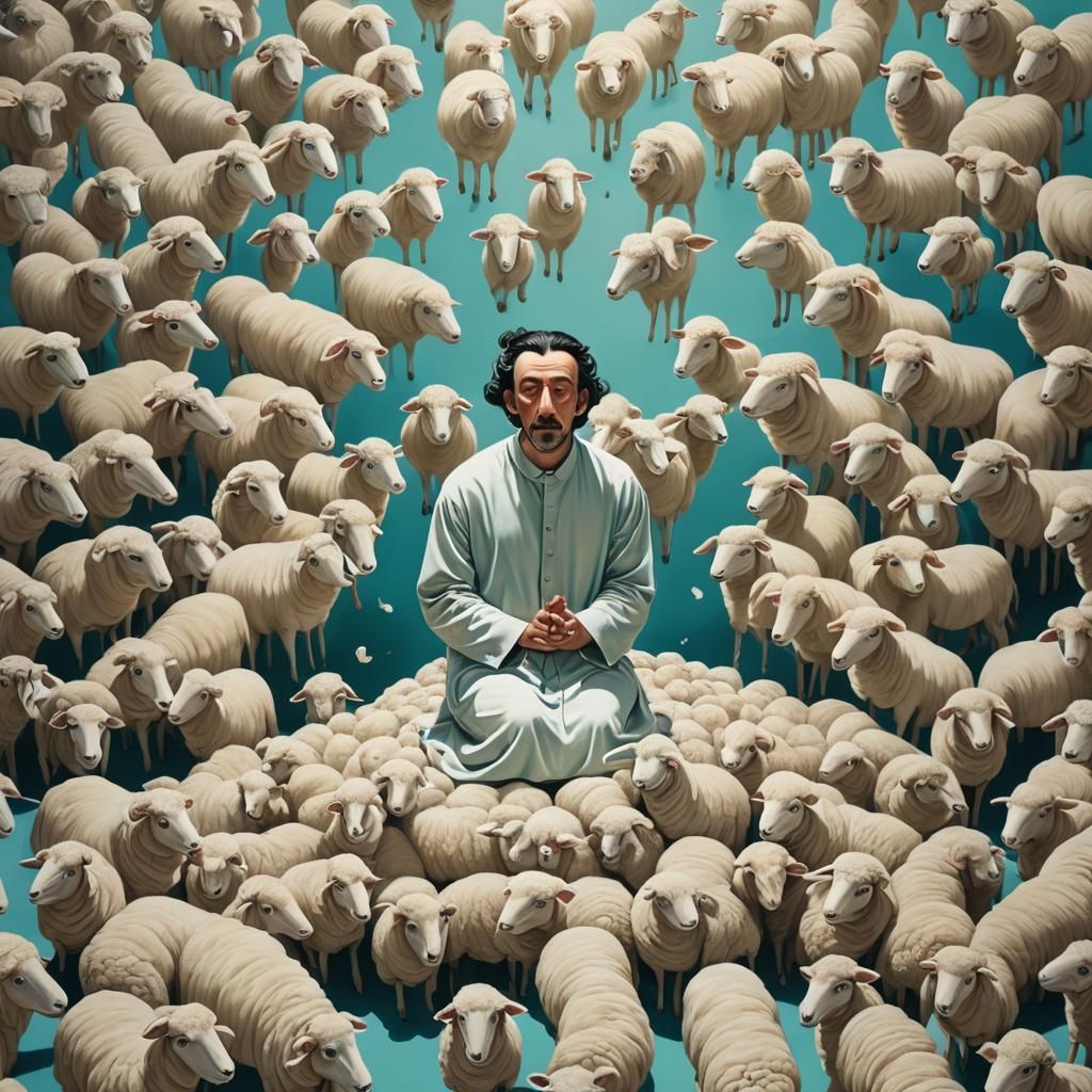 Surreal Dreamscape: Sheep Among Levitating Humans