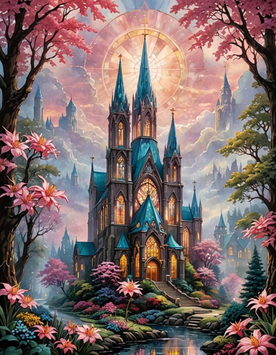 Ethereal Stained Glass Cathedral with Pink Flowers