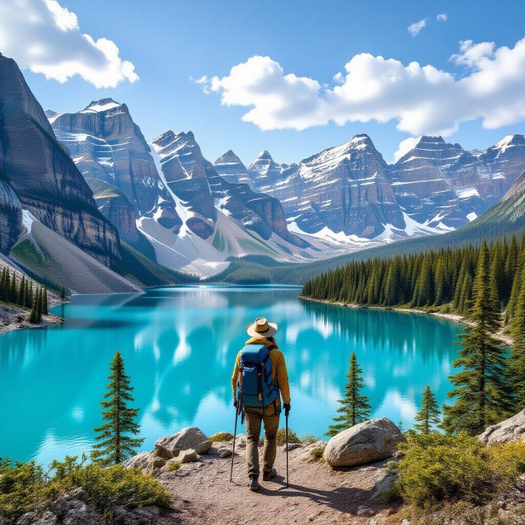 Moraine Lake Hiker in Vibrant Impressionistic Style