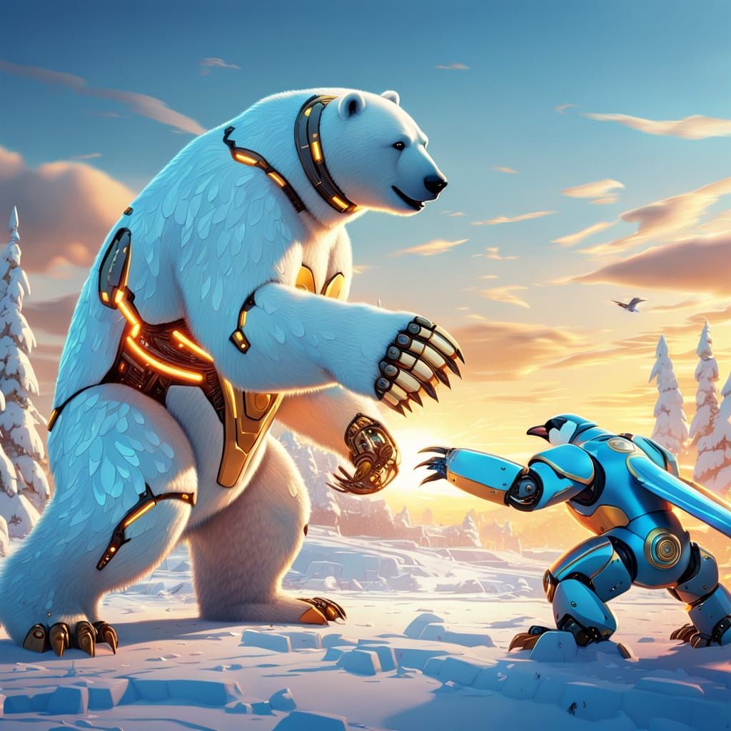 Polar Bear Fights Giant Robot Penguin in Vibrant Cartoon Sty...