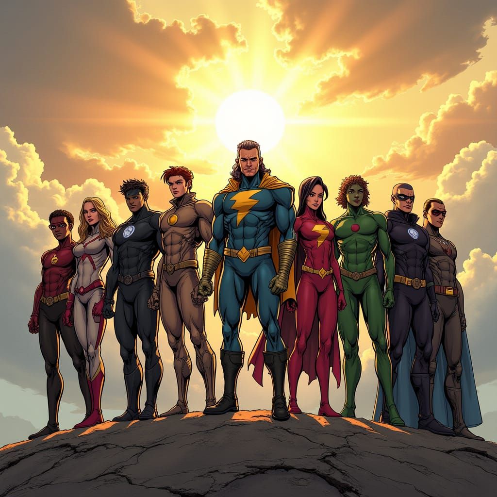 Superhero Team Assembled on Mountaintop in Comic Book Style