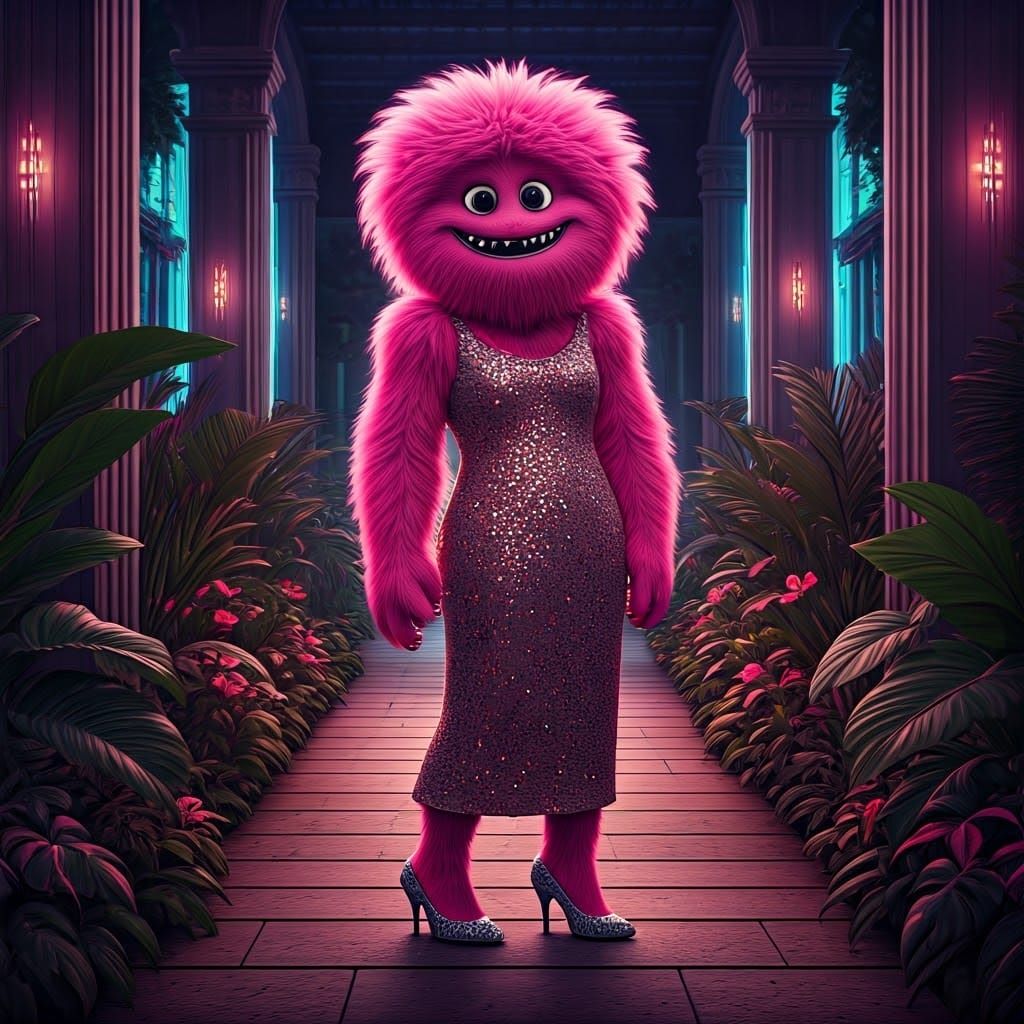 Pink Monster in Cocktail Dress in Neon Garden