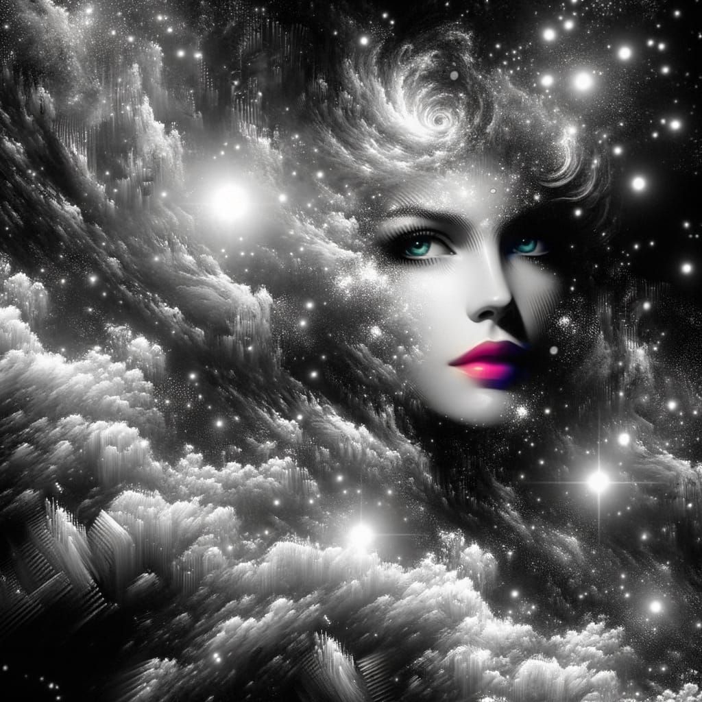 Silver Nebula with Noir Woman in Digital Art Style