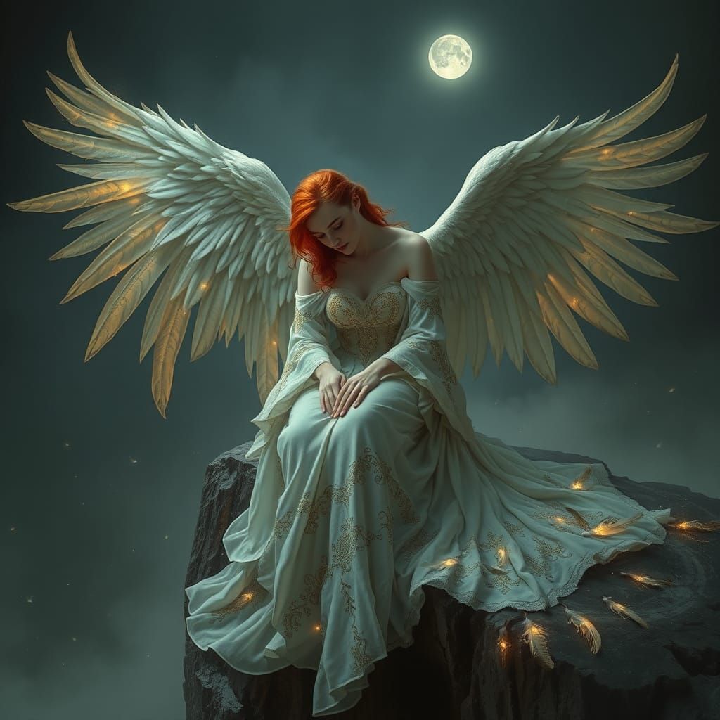Heartbroken Angel on Misty Cliff in Dark Surrealism