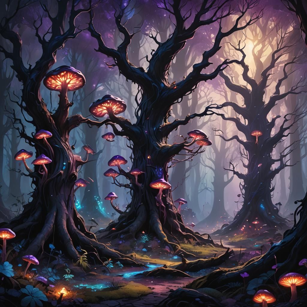 Mystical Forest with Glowing Mushrooms in Dark Fantasy Style