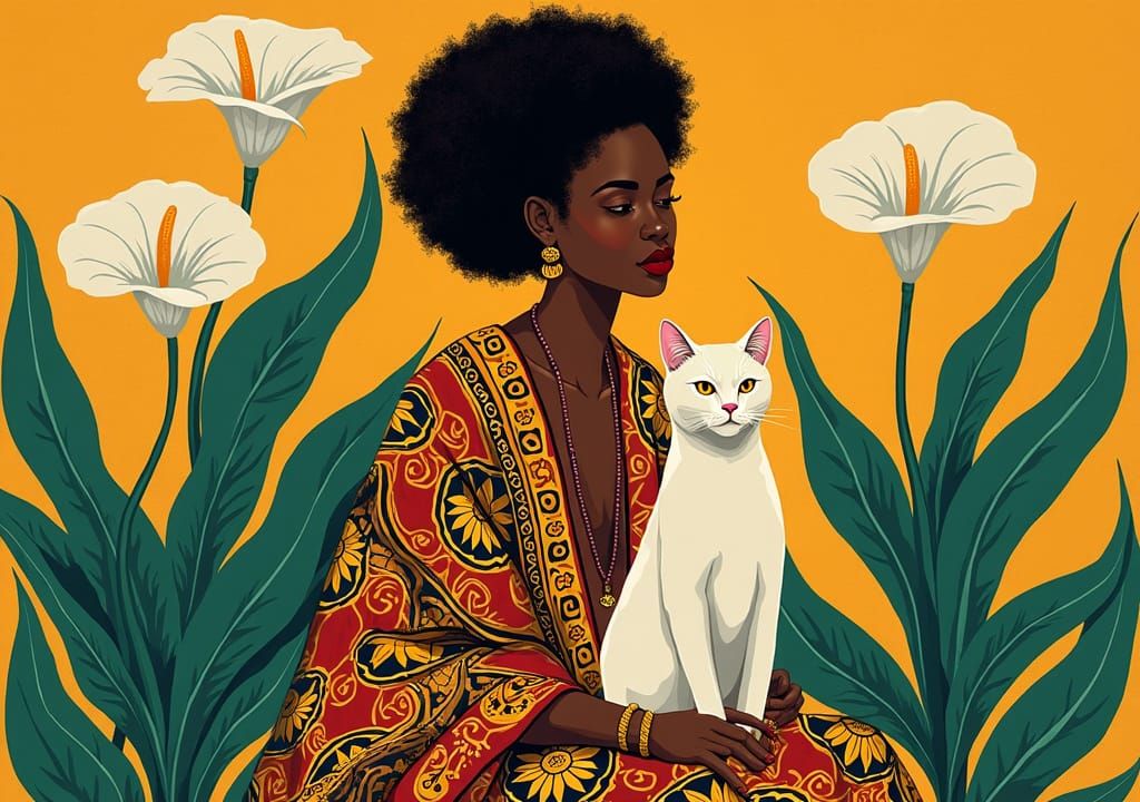 African Woman, Cat, and Lilies in Hanafuda Style