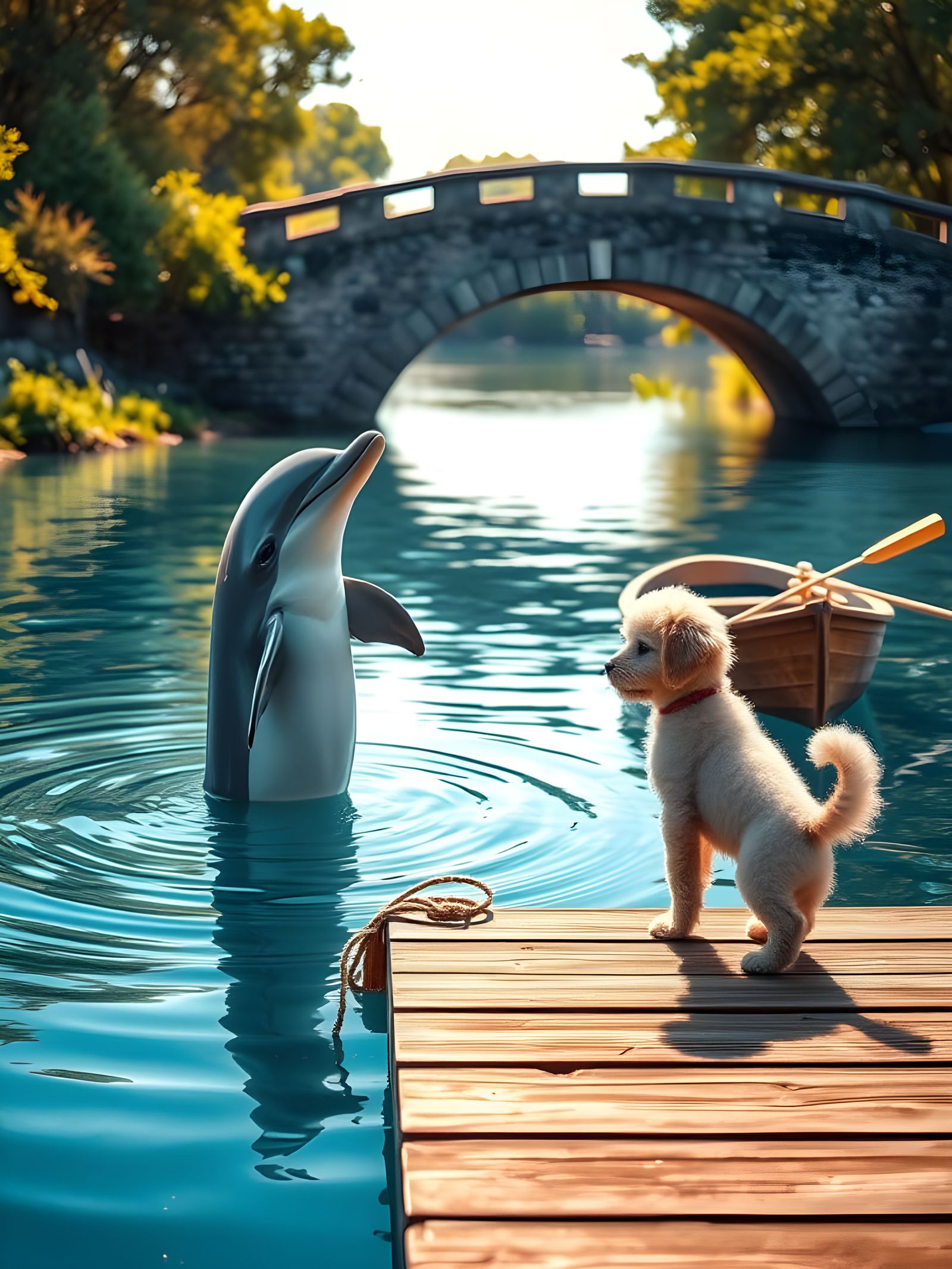 Cute Dolphin and Puppy in Summer Inlet Scene