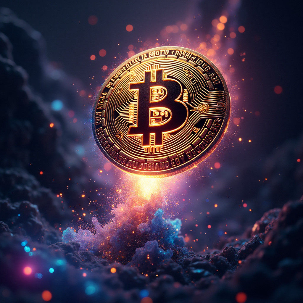 Bitcoin Emblem Ascends in Futuristic Digital Art
