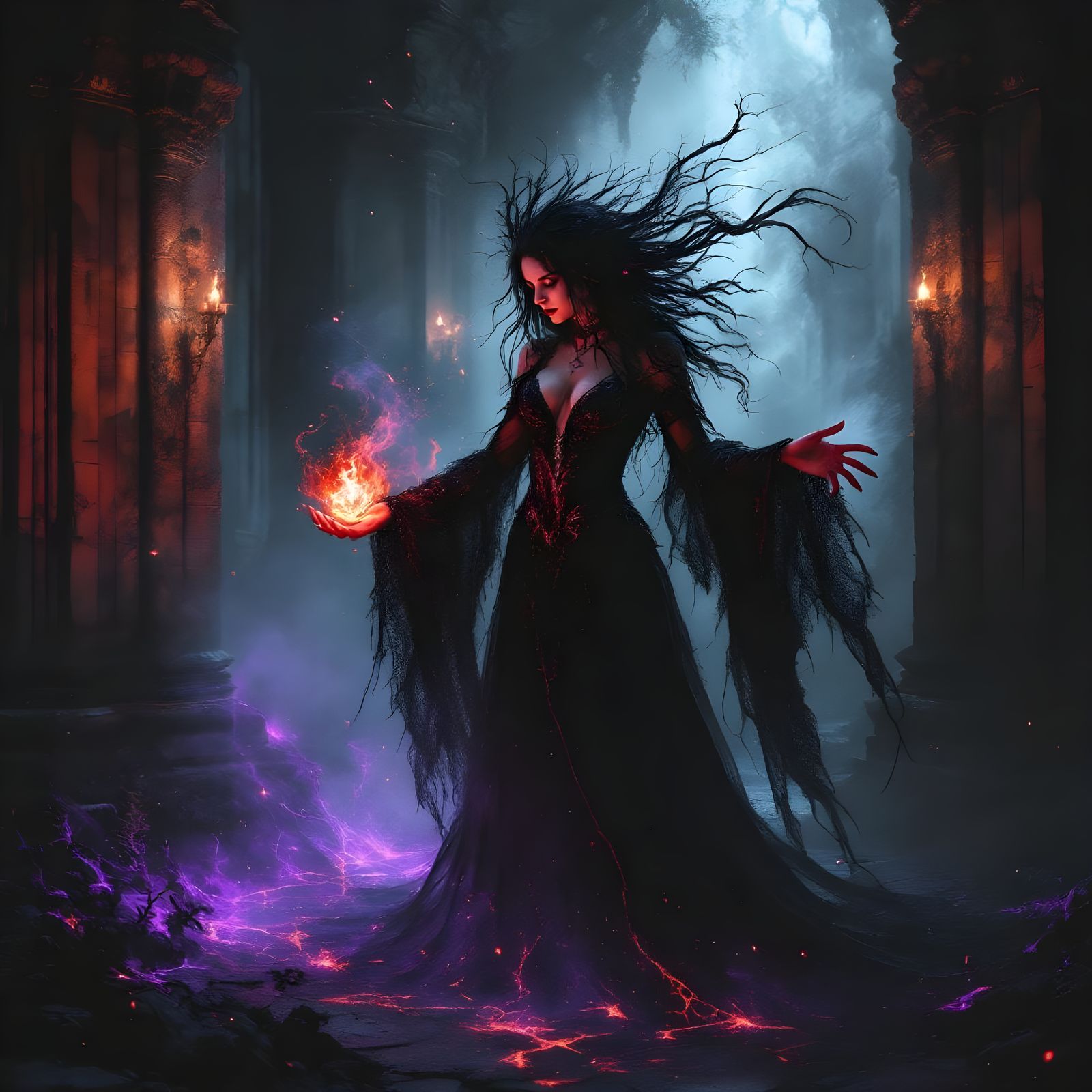 Witch Performing Dark Ritual in Glitch Photography Style