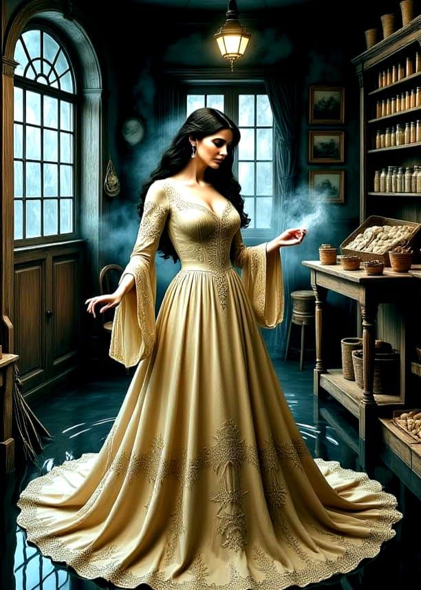 Figure in Creamy Tan Gown