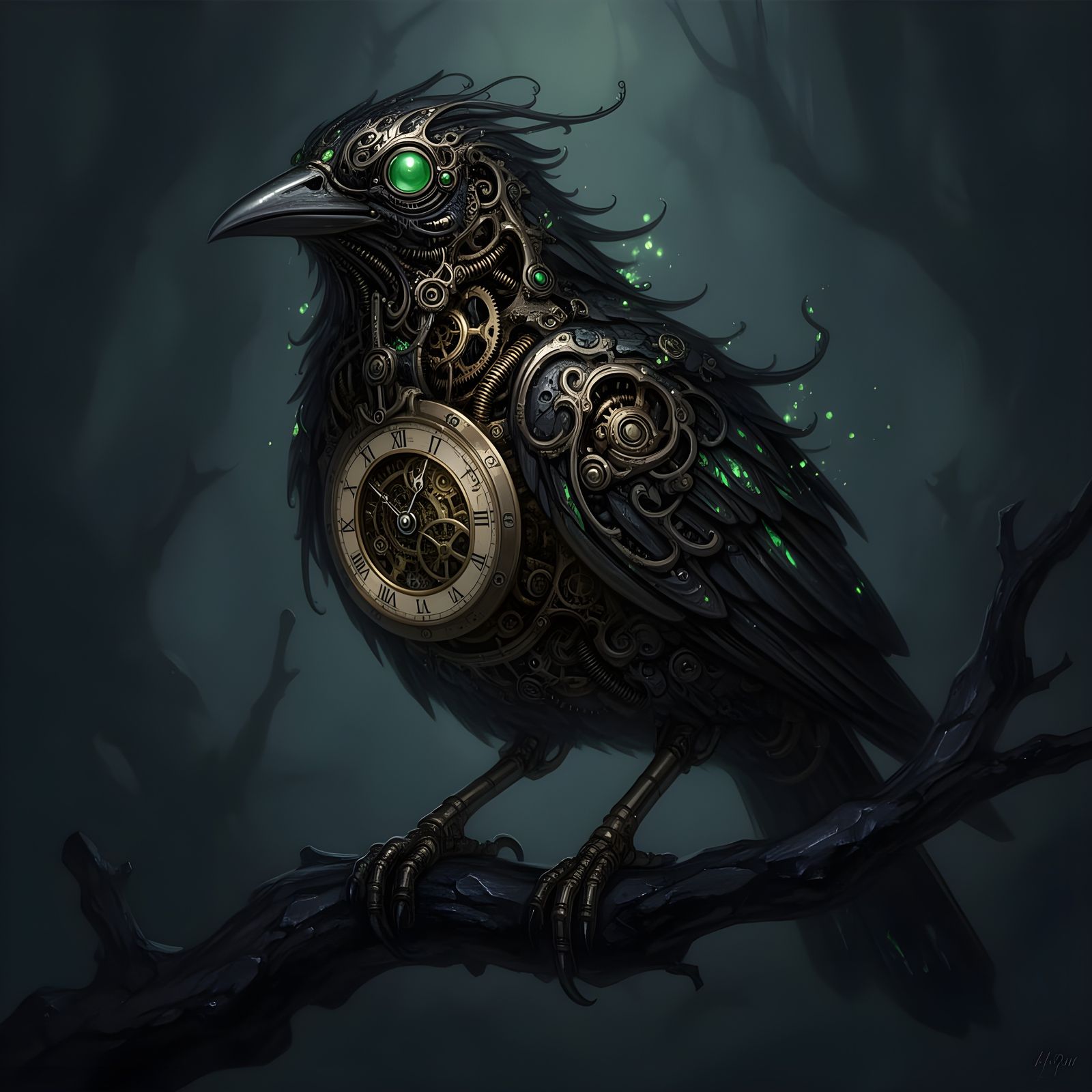 Intricate Clockwork Bird with Emerald Eyes