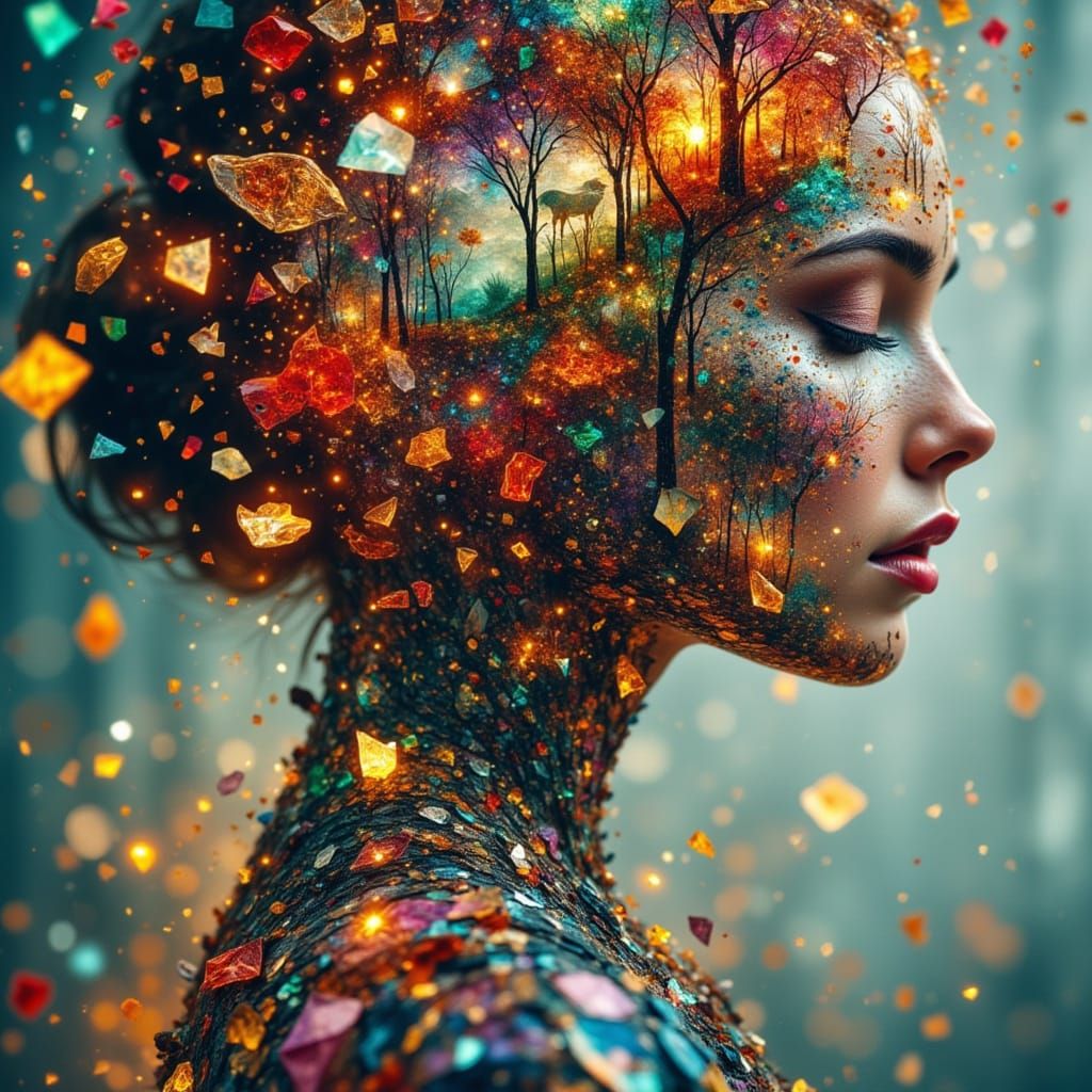 Woman with Glowing Stained Glass Hair