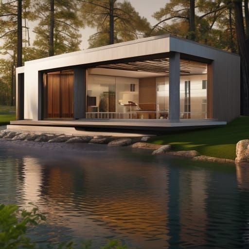 One-story modular house Modern style, white, grey concrete loft, mixed with beautiful lath work, and open glass windows