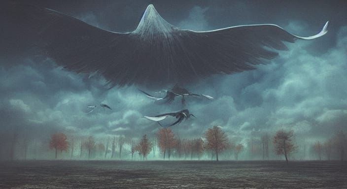 Eerie Wings Float in a Dark Fantasy Landscape