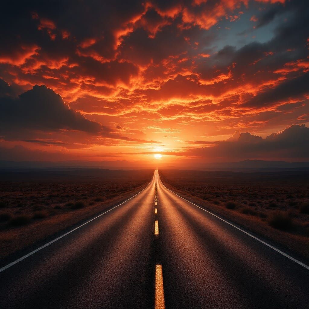 Surreal Sunset Road in Hyper-Realistic Film Style