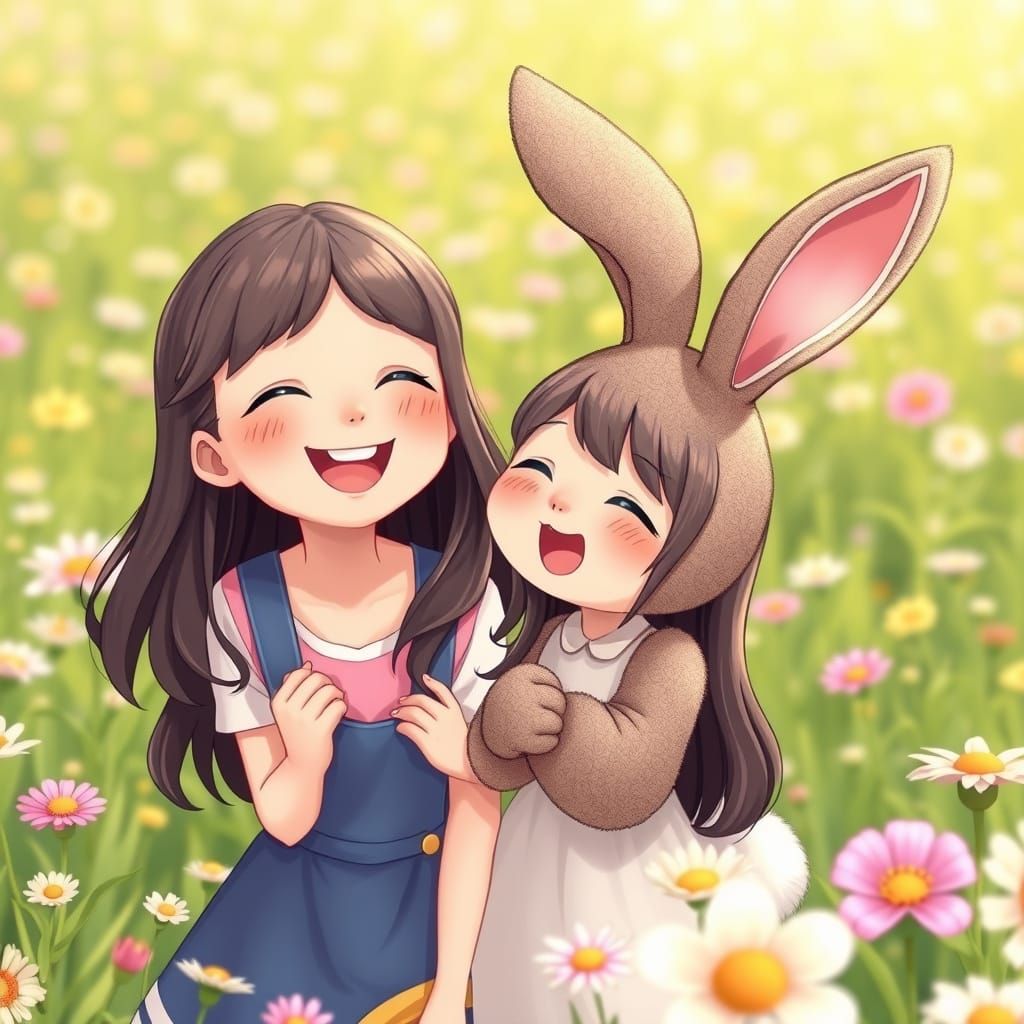 Cute Bunny Girl Laughing in Flower Field: Manga Illustration