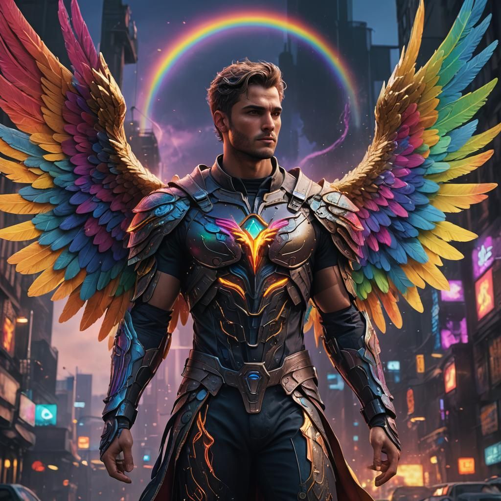 Rainbow Neon Angel: Detailed Matte Painting