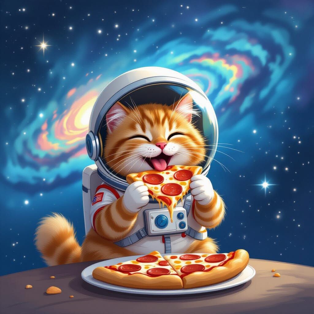 Fluffy Cat Eats Pizza in Cosmic Nebula