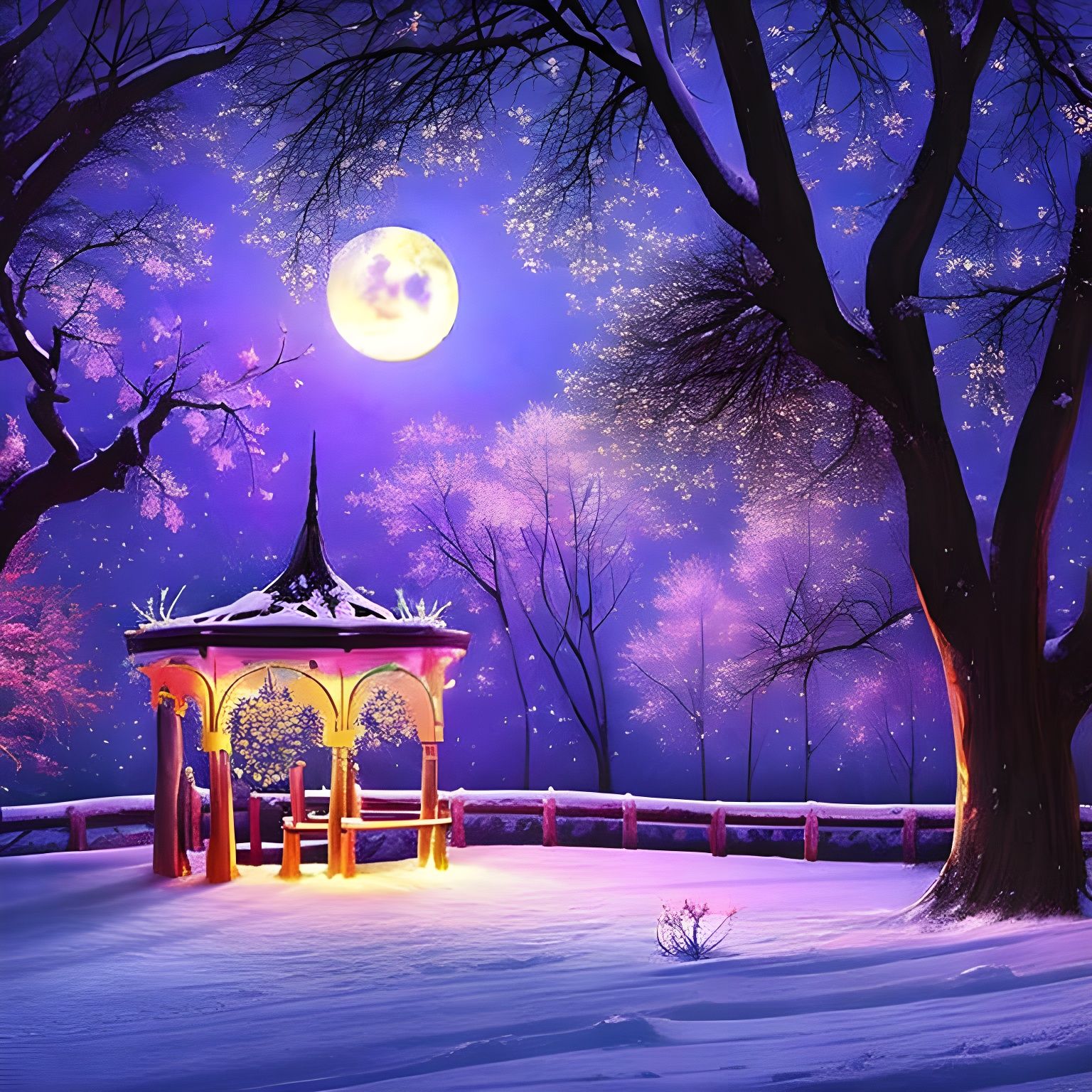Cozy Gazebo Under a Luminous Moonlit Sky