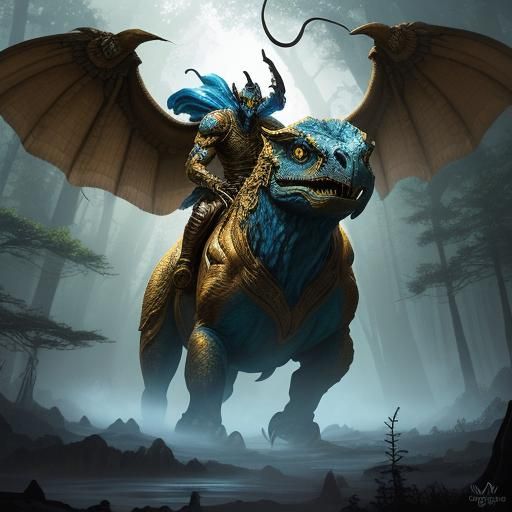 Vulcan on Raptor in Mystical Forest: Digital Art