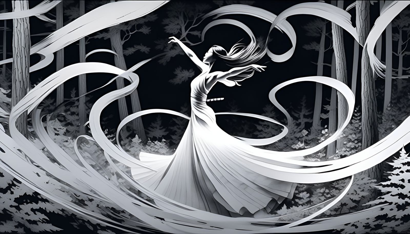 Ethereal Dancer in Forest of Light - Ink Illustration