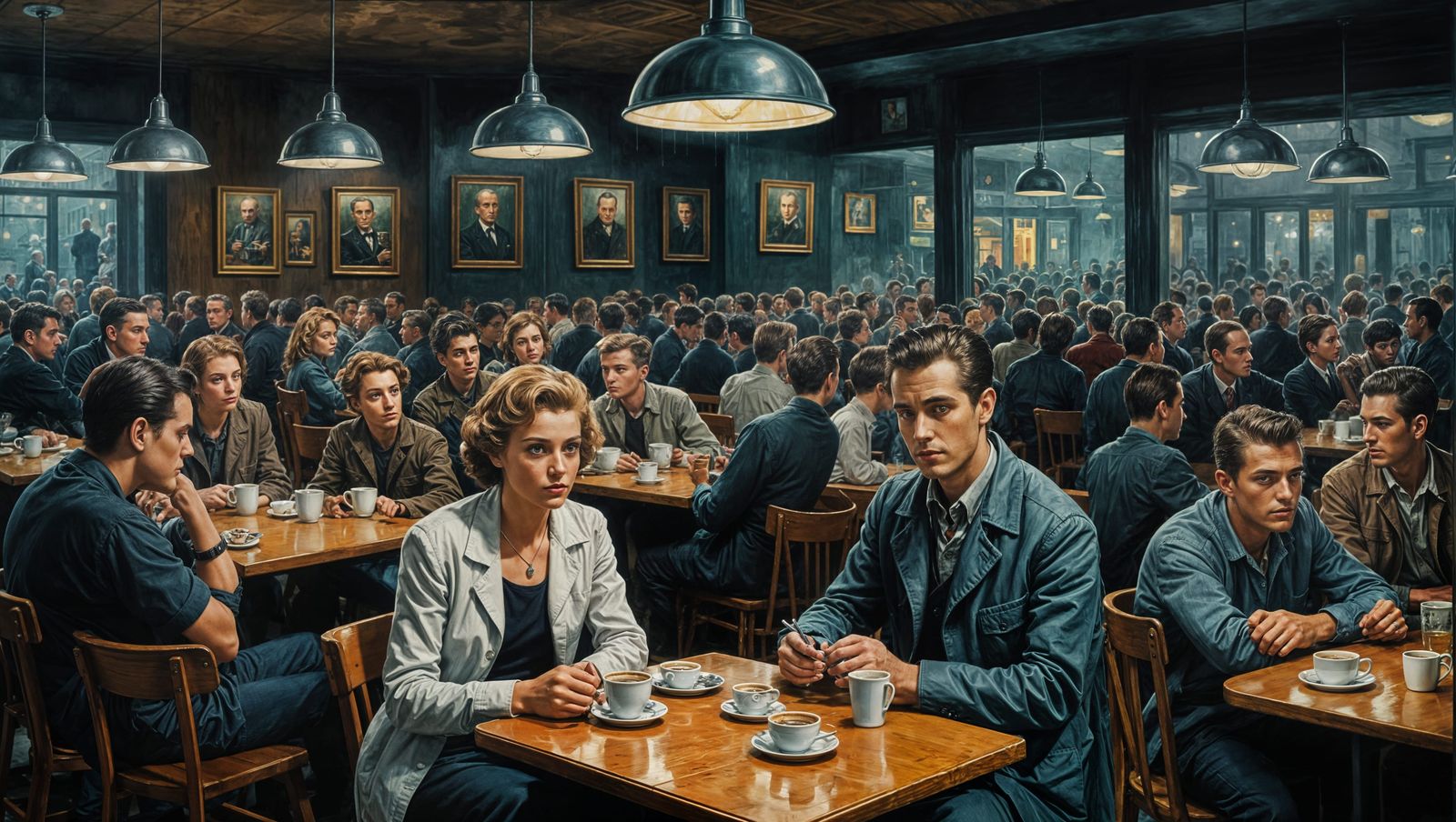 Creepy Cafeteria Crowd Stares Back: Dark Surreal Painting