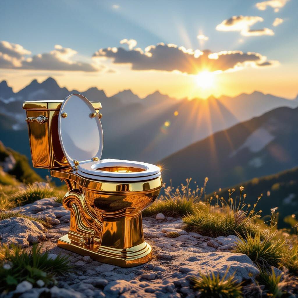Golden Diamond Toilet on Pastoral Mountain Overlooking Sunse...