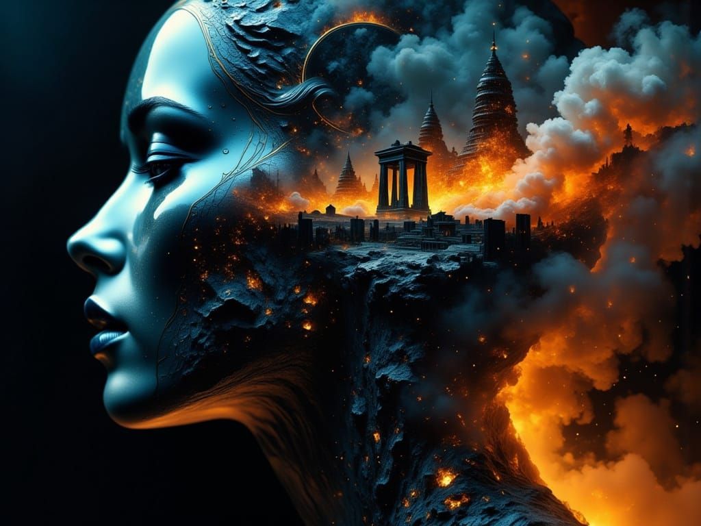 Obsidian Woman with Sapphire City, in Giger Style