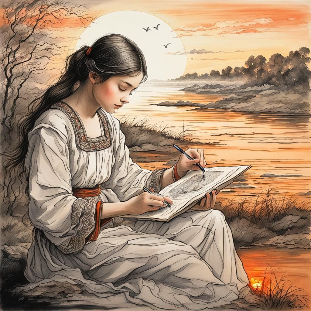 Elegant Scribe: Pre-Raphaelite Painting with Dynamic Lightin...