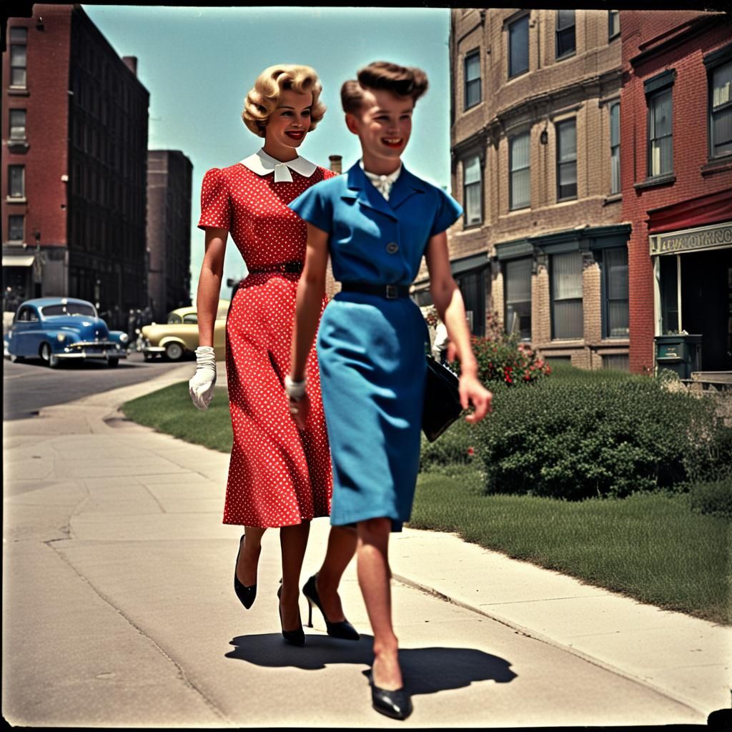 1950s Mother and Son Strolling in Vintage Fashion